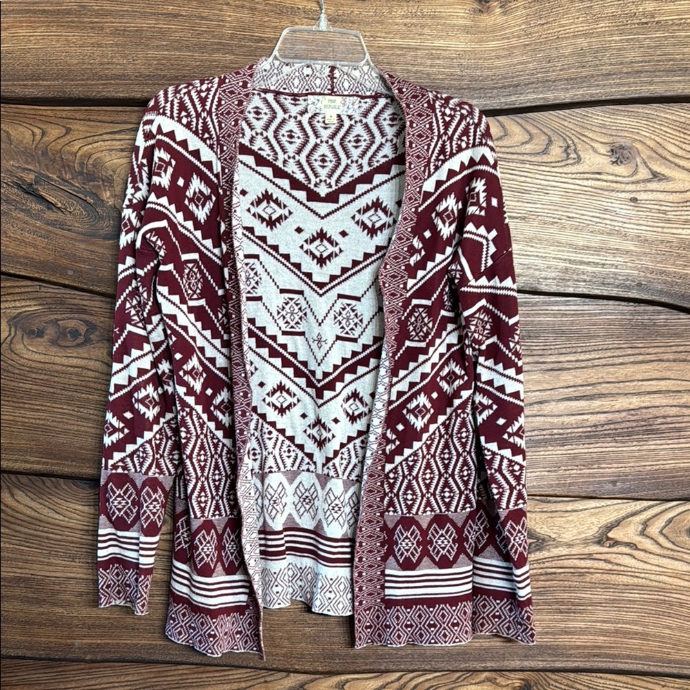 Tribal Patterned Cardigan in Burgundy and White